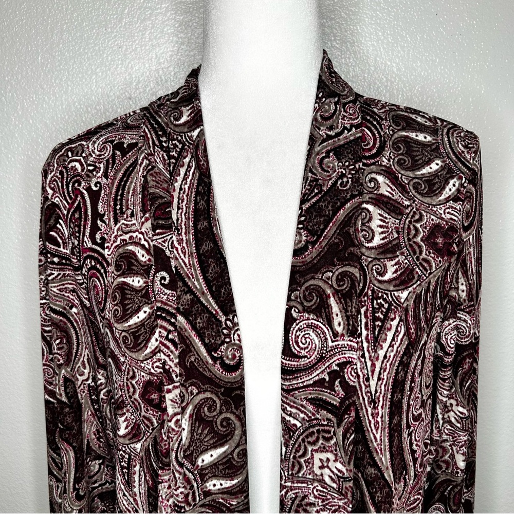 Chicos Easywear Womens Burgundy Tan Paisley Open Front Jersey Cardigan Size 2/ L - Picture 2 of 11
